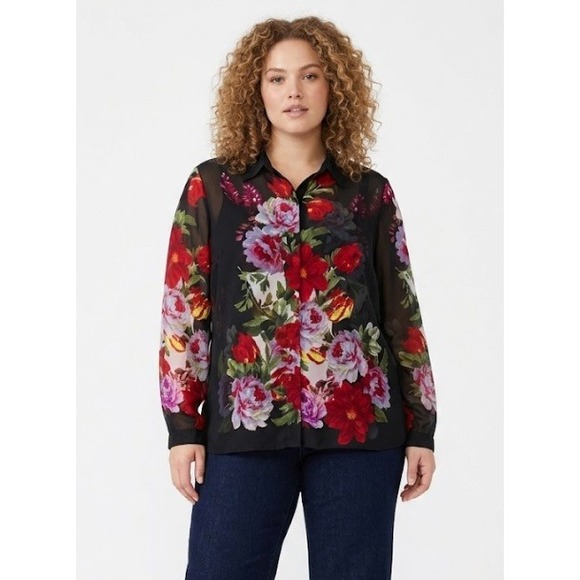 dressbarn Tops - Dressbarn Blouse XL Black Floral Sheer Button Down Long Sleeve Top Feminine